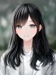 1girl bangs black_hair blurry blurry_background blush depth_of_field hair_over_shoulder highres jacket long_hair looking_at_viewer ojay_tkym open_clothes open_jacket original outdoors shirt signature smile solo standing swept_bangs teeth tree upper_body white_jacket white_shirt