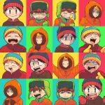  4boys anger_vein angry beanie black_hair blonde_hair blue_eyes brown_hair clenched_hands clenched_teeth crying eric_cartman expressions frown gloves green_gloves hat hood kenny_mccormick kyle_broflovski male_focus multiple_boys open_mouth orange_eyes orange_hair pointing pointing_at_viewer red_background sad smile south_park stan_marsh tears teeth tsunoji wavy_mouth winter_clothes yellow_gloves 