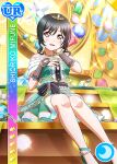 1girl anklet black_hair character_name crossed_legs dress jewelry love_live!_nijigasaki_high_school_idol_club love_live!_school_idol_festival mifune_shioriko red_eyes short_hair sitting solo