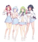  4girls bangs bare_legs black_hair black_ribbon blue_eyes blue_hair blue_skirt bow commentary_request d dark_skin djmax green_eyes green_hair highres jacket long_hair looking_at_viewer medium_hair multiple_girls open_mouth parted_lips pleated_skirt ponytail purple_eyes red_eyes redhead ribbon shirt shoes short_hair simple_background skirt smile sneakers suspenders sweater twintails v violet_eyes white_background white_footwear white_jacket 