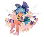 1girl bloomers blue_bow blue_dress blue_eyes blue_hair blue_ribbon bow cirno commentary dress flower hair_bow hair_ribbon highres holding holding_flower ice ice_wings neck_ribbon no_sclera phantasmic puffy_short_sleeves puffy_sleeves red_ribbon ribbon shirt shoes short_dress short_hair short_sleeves sitting smile solo sunflower tan tanned_cirno tongue tongue_out touhou underwear white_bloomers white_footwear white_shirt wings
