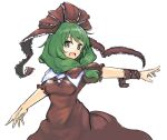 1girl :d arm_ribbon bow cross-laced_clothes dress front_ponytail ginnkei green_eyes green_hair hair_bow hair_ribbon kagiyama_hina long_hair looking_at_viewer one-hour_drawing_challenge open_mouth outstretched_arms red_bow red_dress red_ribbon ribbon simple_background smile solo touhou white_background