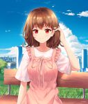 1girl absurdres arttsam bangs bench blue_sky brown_hair closed_mouth cloud day dress facing_viewer hand_in_own_hair highres looking_at_viewer medium_hair original outdoors park_bench pink_dress red_eyes scenery shirt short_sleeves sitting sky smile solo white_shirt