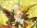 1boy bangs black_gloves blonde_hair branch cape closed_mouth commentary day earrings english_commentary eyelashes feather_hair_ornament feathers fingerless_gloves genshin_impact gingerman gloves gold_trim grass hair_between_eyes hair_ornament hand_up highres holding holding_sword holding_weapon jewelry kaveh_(genshin_impact) long_hair looking_at_viewer male_focus mandarin_collar necklace outdoors parted_bangs red_cape red_eyes shirt shoulder_cape sidelocks signature smile solo sword tassel upper_body weapon white_shirt
