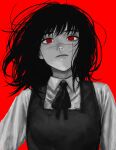 1girl black_hair black_ribbon chainsaw_man collared_shirt cross_scar dress highres long_hair looking_at_viewer messy_hair monochrome pinafore_dress raberu_ruru red_background red_eyes red_theme ribbon ringed_eyes scar scar_on_face shirt simple_background solo spot_color white_shirt yoru_(chainsaw_man)
