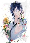 1boy absurdres ajiro_shinpei bangs black_hair blue_eyes blurry blurry_background brown_eyes byuey collared_shirt commentary cropped_torso dress_shirt facing_viewer falling_petals flower hands_up heterochromia highres holding holding_flower leaf looking_away male_focus parted_lips petals pink_flower shirt short_hair simple_background solo summertime_render sunflower upper_body watch white_background white_shirt yellow_flower