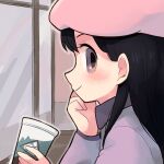  1girl animification black_hair blush cup disposable_cup from_side hat highres long_hair pink_headwear profile smile solo south_park tsunoji upper_body violet_eyes wendy_testaburger window 