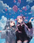 2girls :d balloon bangs black_dress blue_hair blue_sky blue_thighhighs closed_mouth cloud clouds cloudy_sky collared_dress d day detached_sleeves dress hair_ornament hair_ribbon highres kotonoha_akane kotonoha_aoi light_blue_hair long_hair microa multiple_girls open_mouth outdoors pink_hair red_eyes ribbon siblings sisters sky smile teeth thigh-highs thighhighs twins upper_teeth voiceroid white_dress wide_sleeves zettai_ryouiki