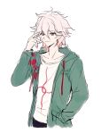 1boy bangs collarbone cropped_legs danganronpa_(series) danganronpa_2:_goodbye_despair green_jacket grey_hair hair_between_eyes hand_up highres hood hood_down hooded_jacket jacket komaeda_nagito long_sleeves male_focus messy_hair minyong_(mi_nyong_uu) pants print_shirt shirt simple_background smile solo white_background white_shirt