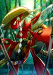 artist_name blurry blurry_background blurry_foreground bokeh commentary_request day depth_of_field ekm forest hat hatted_pokemon highres looking_back nature no_humans outdoors pincers pokemon pokemon_(creature) rope scizor solo standing tree watermark yellow_eyes