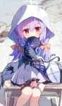 1girl atsuko_(blue_archive) bangs black_gloves blue_archive blurry blush bow braid commentary_request depth_of_field desk gloves haemori_ako hair_between_eyes hair_bow hair_ribbon halo highres holding holding_mask hood long_hair long_sleeves looking_at_viewer low_twintails mask on_desk purple_hair red_eyes ribbon ruins school_desk sidelocks sitting sitting_on_desk solo twin_braids twintails