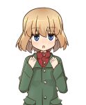 1girl bangs blonde_hair blue_eyes blush bob_cut commentary fang girls_und_panzer green_jacket half-closed_eyes jacket katyusha_(girls_und_panzer) long_sleeves looking_at_viewer open_mouth pravda_school_uniform red_shirt rico_(rico-tei) school_uniform shirt short_hair simple_background skirt solo standing turtleneck upper_body white_background