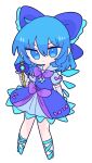 1girl blue_bow blue_dress blue_eyes blue_footwear blue_hair bow bowtie chibi cirno collared_dress dress frilled_bow frilled_dress frills hair_bow highres ice ice_wings magical_girl op_na_yarou puffy_short_sleeves puffy_sleeves purple_bow purple_bowtie short_hair short_sleeves simple_background solo touhou white_background wings