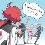 1boy 3girls absurdres ahoge asticassia_school_uniform birthday_cake brown_hair cake candle chuatury_panlunch english_text fleeing food grey_hair guel_jeturk gundam gundam_suisei_no_majo highres jacket jacket_on_shoulders legwear_under_shorts long_hair low-tied_long_hair low_ponytail miorine_rembran multicolored_hair multiple_boys multiple_girls music nigerundayo! pantyhose pink_hair redhead running school_uniform shaded_face shorts sinad_aruatjanapat singing suletta_mercury two-tone_hair