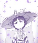 1boy 1girl absurdres bird genshin_impact hat highres icendor2000 large_hat looking_up monochrome petals scaramouche_(genshin_impact) short_hair sketch solo white_background