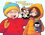 2boys ? beanie blonde_hair blue_eyes coat eric_cartman fat gloves hand_puppet hat hood kenny_mccormick male_focus multiple_boys mysterion open_mouth orange_eyes puppet south_park the_coon tsunoji winter_clothes winter_coat yellow_gloves