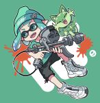 1girl aerospray_(splatoon) aqua_background aqua_eyes aqua_hair aqua_headwear aqua_shirt beanie black_shorts blue_hair boots company_connection cross-laced_footwear crossover domino_mask fangs full_body gradient_hair hat highres holding holding_weapon inkling inkling_girl long_hair mask multicolored_hair nintendo open_mouth outline paint_splatter pointy_ears pokemon pokemon_(creature) shirt shoes short_hair short_sleeves shorts smile sneakers splatoon_(series) splatoon_3 sprigatito standing suction_cups sutokame t-shirt tentacle_hair trigger_discipline two-tone_hair v-shaped_eyebrows white_footwear white_outline