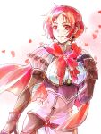 1girl armor blush breasts cape closed_mouth dress fire_emblem fire_emblem:_three_houses fire_emblem_warriors:_three_hopes fkms_szrr gloves hair_ornament highres long_hair long_sleeves looking_at_viewer monica_von_ochs official_alternate_costume official_alternate_hairstyle red_eyes redhead short_hair simple_background smile solo upper_body
