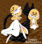 1girl alternate_color alternate_shiny_pokemon arms_at_sides bangs bob_cut brown_background colored_skin commentary_request cropped_torso english_commentary english_text flat_chest full_body gardevoir hair_between_eyes hair_over_one_eye halloween happy_halloween jack-o&#039;-lantern legs_apart looking_at_viewer mixed-language_commentary multicolored_skin multiple_views no_humans one_eye_covered open_mouth orange_hair orange_skin outline partial_commentary pokemon pokemon_(creature) shadow short_hair standing two-tone_skin upper_body violet_eyes white_outline white_skin yuri_(pixiv_76483886)