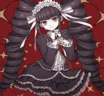 1girl bangs black_hair black_jacket black_nails bonnet celestia_ludenberg center_frills claw_ring collared_shirt danganronpa:_trigger_happy_havoc danganronpa_(series) dress_shirt drill_hair earrings frilled_skirt frills gothic_lolita highres interlocked_fingers jacket jewelry layered_skirt lolita_fashion long_hair long_sleeves looking_at_viewer multicolored_background nail_polish necktie open_clothes open_jacket own_hands_together red_background red_eyes red_necktie red_neckwear shiny shiny_hair shirt skirt smile solo sparkle tansug_(tansuk88) twin_drills twintails very_long_hair white_shirt
