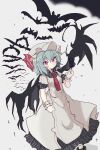 1girl bat_(animal) bat_wings closed_mouth dress gradient gradient_background hat hat_ribbon highres looking_at_viewer mob_cap red_eyes red_ribbon remilia_scarlet ribbon short_sleeves simple_background solo standing tatutaniyuuto touhou white_background white_dress white_headwear wings wrist_cuffs