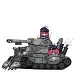 absurdres blue_archive cannon caterpillar_tracks chibi closed_mouth grey_eyes ground_vehicle halo hat highres hrna iroha_(blue_archive) long_hair metal_slug military military_hat military_uniform military_vehicle motor_vehicle peaked_cap red_hair redhead shoe_(metal_slug) simple_background tank uniform wavy_hair white_background
