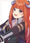 1girl :d arknights bagpipe_(arknights) bangs belt blue_eyes blunt_bangs brown_capelet capelet dragon_horns highres horns long_hair long_sleeves looking_at_viewer open_mouth orange_hair signature simple_background smile solo teeth upper_body upper_teeth white_background yokuto