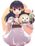 1girl :d akari_(pokemon) bangs black_hair blush commentary_request eyelashes grey_eyes hair_ornament hairclip hands_up highres kutabireta_neko long_hair looking_at_viewer open_mouth pokemon pokemon_(creature) pokemon_(game) pokemon_legends:_arceus print_shirt rowlet shirt short_sleeves smile t-shirt