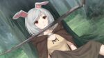 1girl :o animal_ears bangs blurry blurry_background breasts brown_cloak brown_shirt bunny_ears cloak commentary day depth_of_field english_commentary grey_hair highres hood hood_down hooded_cloak miura-n315 notched_ear original outdoors parted_lips rabbit_ears red_eyes rust shirt short_sleeves small_breasts solo swept_bangs thick_eyebrows tree weapon weapon_request