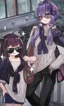 2girls absurdres ahoge bangs black_pants blue_shorts brown-tinted_eyewear closed_mouth hair_between_eyes hair_ornament hand_in_pocket hand_on_hip headphones highres long_hair long_sleeves low_twintails microa multiple_girls oversized_clothes oversized_shirt pants pocket purple_hair shirt shorts single_vertical_stripe smile sparkle split_mouth sunglasses sweater tied_jacket tinted_eyewear touhoku_kiritan twintails v-shaped_eyebrows vocaloid voiceroid white_shirt white_sweater yuzuki_yukari