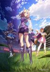 3girls :d admire_vega_(umamusume) animal_ears asymmetrical_footwear black_pantyhose blonde_hair boots brown_hair cloud copyright crown ear_covers from_below full_body gloves grass highres horse_ears horse_girl horse_racing_track horse_tail key_visual long_hair looking_at_viewer looking_to_the_side mini_crown mismatched_footwear multiple_girls narita_top_road_(umamusume) official_art orange_hair pantyhose promotional_art purple_footwear purple_shorts short_hair shorts sky smile t.m._opera_o_(umamusume) tail thigh-highs thighhighs third-party_source umamusume violet_eyes white_gloves white_thighhighs