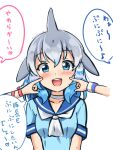 1girl 3girls :d ascot bangs blowhole blue_eyes blue_hair blue_sailor_collar blush cheek_poking chinese_white_dolphin_(kemono_friends) commentary common_bottlenose_dolphin_(kemono_friends) common_dolphin_(kemono_friends) dolphin_girl dorsal_fin grey_hair hair_between_eyes head_fins highres kemono_friends long_hair looking_at_viewer multicolored_hair multiple_girls open_mouth poking ribbon sailor_collar shiraha_maru short_sleeves simple_background smile solo solo_focus straight-on translation_request twitter_username upper_body white_ascot white_background white_hair wrist_ribbon wristband