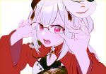 1girl absurdres bespectacled blush chinese_clothes fangs fox_mask glasses grey_hair hair_ornament highres kerorira long_hair looking_at_viewer mask mask_on_head nail_polish naraka_(nijisanji) nijisanji oni open_mouth over-rim_eyewear pink_eyes pink_nails semi-rimless_eyewear short_eyebrows shrug_(clothing) simple_background solo tassel tongue upper_body virtual_youtuber white_background white_hair