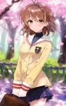 1girl antenna_hair bag black_skirt blurry brown_eyes brown_hair cherry_blossoms clannad day furukawa_nagisa hair_ornament hairclip handbag highres long_sleeves looking_at_viewer medium_hair outdoors school_uniform skirt solo sonchi spring_(season) standing