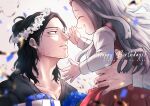 1boy 1girl 2022 2boys birthday black_eyes black_hair black_shirt blue_bow blue_flower blue_rose blurry blurry_background blurry_foreground bokeh boku_no_hero_academia bow box character_name closed_eyes confetti depth_of_field diffraction_spikes dress english_text eraser_head_(boku_no_hero_academia) eri_(boku_no_hero_academia) facial_hair facing_another female_child film_grain fingernails floating_hair flower from_side gift gift_box half_updo hands_up happy happy_birthday head_wreath highres horns lifting_person long_hair looking_at_another mixed-language_commentary multiple_boys open_mouth out_of_frame parted_lips pinafore_dress pleated_dress profile red_dress rose scar scar_on_face shirt sideburns simple_background single_horn smile stubble suno_(sunoichi) teeth upper_body upper_teeth white_background white_hair white_shirt yagi_toshinori
