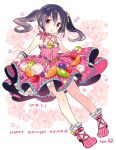 1girl :o ankle_socks bangs black_hair bow dated dress food food-themed_clothes frilled_dress frills fruit full_body hair_between_eyes happy_birthday harikamo kiwi_(fruit) kiwi_slice looking_at_viewer mandarin_orange medium_hair pink_dress pink_eyes pink_footwear purple_hair short_dress sidelocks simple_background skirt_hold sleeveless sleeveless_dress socks solo strappy_heels strawberry striped striped_dress striped_footwear twintails urara_meirochou vertical-striped_dress vertical-striped_footwear vertical_stripes white_background white_bow white_socks white_wrist_cuffs wrist_cuffs yazawa_nico yukimi_koume