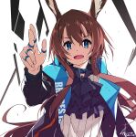 1girl amiya_(arknights) animal_ears arknights ascot bangs black_ascot black_jacket blue_eyes brown_hair bunny_ears frilled_ascot frills hair_between_eyes highres hood hooded_jacket jacket jewelry long_hair long_sleeves looking_at_viewer multiple_rings neck_ring open_clothes open_jacket open_mouth rabbit_ears revision ring shikei smile solo thumb_ring upper_body white_background