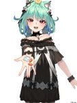1girl absurdres alternate_costume animal_ears bintz black_dress dress green_hair hair_ornament happy highres hololive long_hair looking_at_viewer open_mouth pill red_eyes skull_hair_ornament smile solo strapless strapless_dress uruha_rushia virtual_youtuber