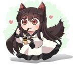 1girl animal_ears blush brooch brown_hair chibi closed_mouth collarbone dress food full_body hair_between_eyes heart imaizumi_kagerou jewelry long_hair long_sleeves pocky pocky_day red_eyes rokugou_daisuke signature smile solo tail touhou white_dress wolf_ears wolf_tail