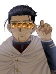 1boy black_hair cloak covering_eyes facial_hair food food_on_face food_request goatee golden_kamuy hair_slicked_back hair_strand highres holding hood hooded_cloak male_focus ogata_hyakunosuke ri_(ri_kaos21) scar scar_on_cheek scar_on_face short_hair solo stitches stubble undercut upper_body