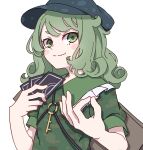 1girl ability_card_(touhou) absurdres backpack bag blush_stickers camouflage camouflage_shirt card closed_mouth gradient gradient_background green_eyes green_hair green_headwear green_shirt hat highres holding holding_card kame_(kamepan44231) key komeiji_koishi looking_at_viewer medium_hair one-hour_drawing_challenge shirt short_sleeves simple_background smile solo touhou upper_body white_background yamashiro_takane