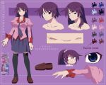 1girl bakemonogatari black_legwear blue_eyes character_sheet highres loafers metarama monogatari_(series) naoetsu_high_school_uniform pink_uniform purple_hair reference_sheet school_uniform senjougahara_hitagi shoes skirt smile thighhighs