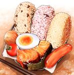 commentary_request egg food food_focus napkin no_humans onigiri ooranokohaku original salmon sushi table tomato watermark wooden_table