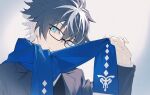 1boy ;) bespectacled black_hair black_jacket black_sweater blue_eyes blue_scarf charlemagne_(fate) fate/grand_order fate_(series) glasses hair_between_eyes highres holding holding_clothes holding_scarf idass_(idass16) jacket looking_at_viewer male_focus multicolored_hair official_alternate_costume one_eye_closed scarf shirt short_hair smile solo streaked_hair sweater upper_body white_background white_shirt 