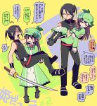 1boy 1girl black_hair capelet carrying closed_eyes deerstalker dress green_capelet green_dress green_headwear hat hercule_barton highres holding holding_sword holding_weapon japanese_clothes katana long_dress multiple_boys open_mouth princess_carry red_eyes short_ponytail spade_(shape) stone_river sweatdrop sword tantei_opera_milky_holmes translation_request tsunoji weapon yellow_eyes