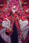  1girl absurdres bare_shoulders boots breasts center_frills chair crossed_legs dress fairy_knight_tristan_(fate) fate/grand_order fate_(series) frills grey_eyes hair_twirling high_heels highres large_breasts lips long_hair on_chair pink_hair pointy_ears red_dress red_footwear shoes shui_xiao sitting solo thigh_boots throne 