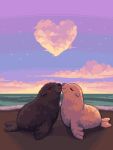 beach blush_stickers brown_fur closed_eyes closed_mouth commission english_commentary facing_another full_body heart-shaped_cloud highres no_humans ocean original outdoors pixel_art purple_sky seal_(animal) tofupixel twilight