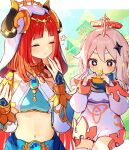 2girls absurdres bangs blue_gemstone blue_skirt blush bracer breasts brooch cake chiroron circlet closed_eyes commentary_request crop_top detached_sleeves eating food food_in_mouth gem genshin_impact gold_trim hair_between_eyes hair_ornament hands_up harem_outfit highres holding holding_food horns jewelry long_sleeves medium_breasts midriff multiple_girls navel neck_ring nilou_(genshin_impact) paimon_(genshin_impact) parted_bangs puffy_long_sleeves puffy_sleeves skirt sparkling_eyes stomach twitter_username veil violet_eyes white_hair
