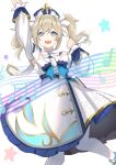 1girl absurdres barbara_(genshin_impact) blonde_hair blue_eyes detached_sleeves dress genshin_impact happy highres musical_note open_mouth pantyhose reaching smile solo star_(symbol) strapless strapless_dress twintails white_legwear xie_yu