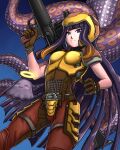 1girl blue_background breasts brown_gloves cosplay gloves halo heart helmet highres holding holding_weapon long_hair ninomae_ina&#039;nis quake ranger_(quake) rocket_launcher rpg short_sleeves smile solo substance20 tentacles virtual_youtuber weapon yellow_armor